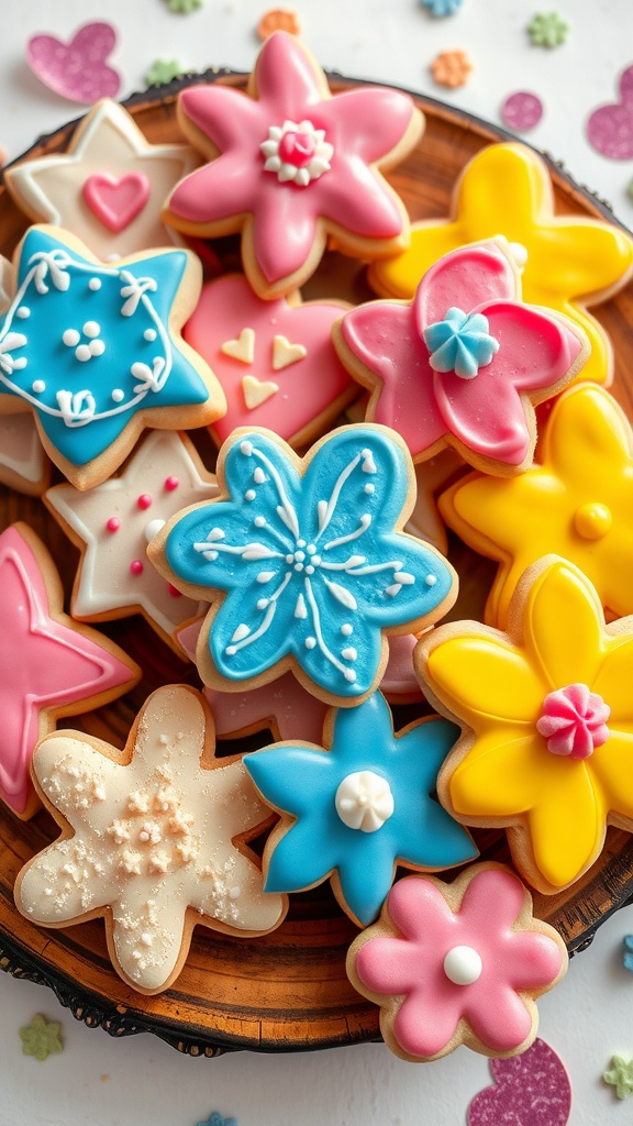 An assortment of beautifully decorated cookies with colorful frosting and sprinkles on a wooden platter.
